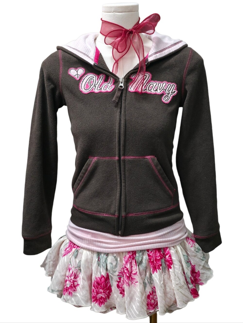 Y2K Old Navy brown & pink vintage zip up hoodie #kawaii #coquette - Picture 2 of 6